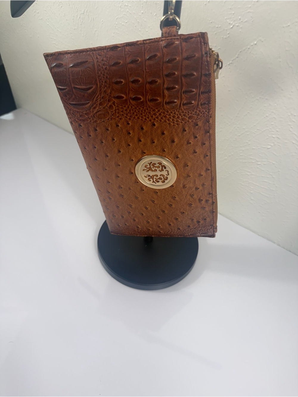 Brown Ostrich Croc Embossed Wristlet Clutch with Gold-Tone Medallion - Picture 4 of 7